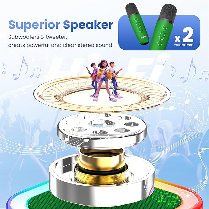 Mini Karaoke Machine for Kids Adults, Portable Bluetooth Mini Karaoke Microphone Singing Speaker Karaoke Player with 2 Wireless Mic, for All Smartphones,Birthday, Family,Home Party (Dark Green)