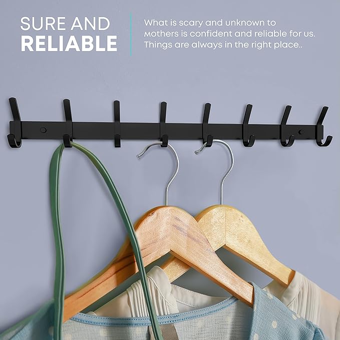 Matte Black Coat Rack Wall Mount – 24 Inch Stainless Steel Hook Rail with 8 Double Coat Hooks – Wall Mounted Entryway Organizer for Coats, Hats, Bags, Towels, Robes, Closet or Bathroom