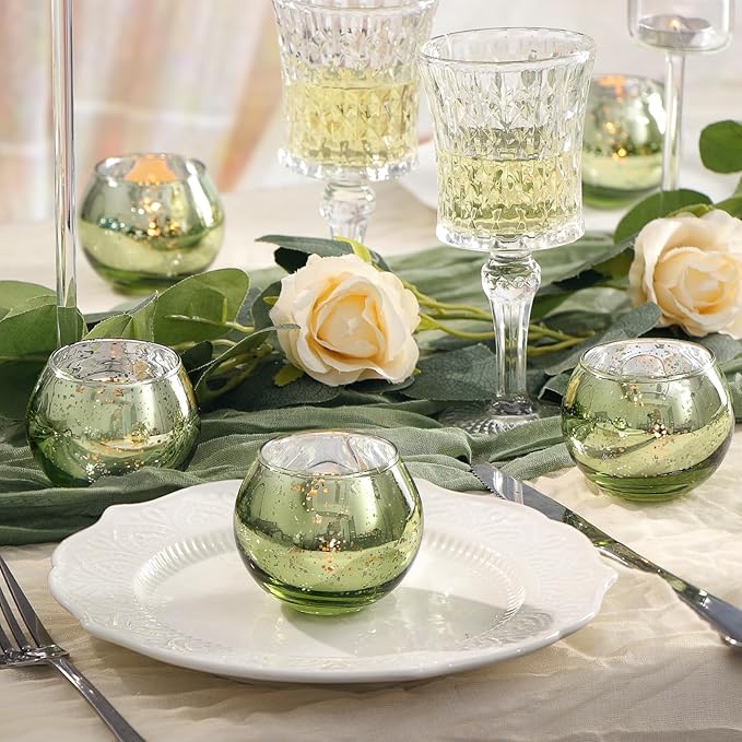 LAMORGIFT 24 Pcs Green Candle Holders - Mercury Glass Tealight Candle Holders for Spring Wedding, Birthday, Dinner Party Table Decor, Guest Favors