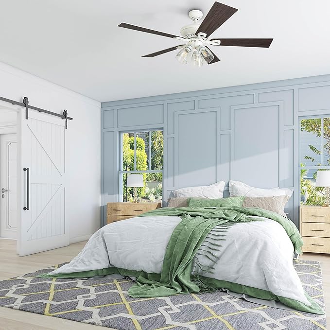 Prominence Home Glenmont, 52 Inch Farmhouse LED Ceiling Fan with Light, Pull Chain, Three Mounting Options, Dual Finish Blades, Reversible Motor - 50389-01 (Distressed White)