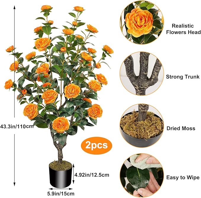 2 Pack 43.3"/3.6FT Artificial Tree with Camellia Flowers Fake Tree with 32 Blooming Flowers Orange Tree for Spring Home Front Door Outdoor Indoor Decor (Including Dried Moss)