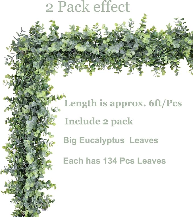 DearHouse 6 Pack Faux Eucalyptus Garland Plant, Artificial Vines Hanging Eucalyptus Leaves Greenery Garland for Wedding Backdrop Arch Wall Decor, 5.9 Feet/pcs UV Protected Indoor Outdoor