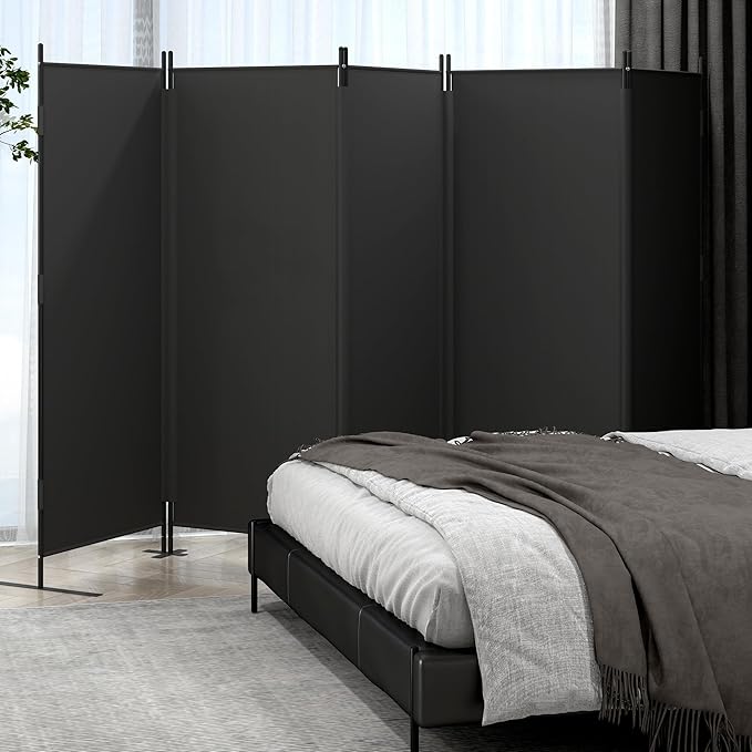 JAXPETY Room Divider 5 Panel Privacy Screen Wall Dividers for Room Separation Flexible Partition Folding Portable Room Partition for Office 145" W x 73" H, Black