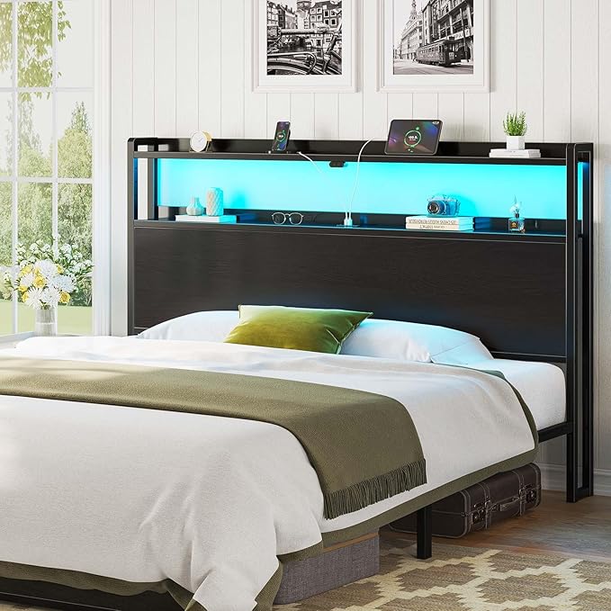 Rolanstar Headboard for King Size Bed with Storage, 60,000 DIY Color of LED Light, Head Board with USB & Type C Port, Height Adjustable, Black Cabeceras de Cama Comfortable Modern, Wood