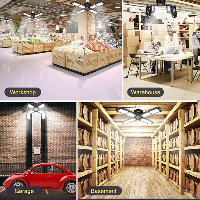 LED Garage Light,Super Bright Screw in E26/E27 Ceiling Shop Work Lamp, 200W 20000 Lumen Deformable Basement Bulb Fixture with 8 Adjustable Panels, Lighting for Workshop, Attic