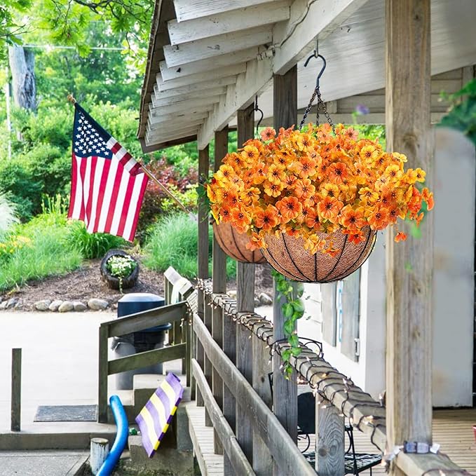 Orgrimmar 2 Pack Artificial Fall Mums Hanging Basket - UV Resistant Fake Hanging Plants with Realistic Silk Mums & Eucalyptus, Coconut Lining Baskets for Home Porch Balcony Patio Yard (Orange)