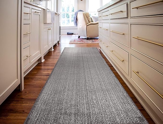 Custom Length Cut to Size Wide Width Carpet Runner Rug for Hallways, Skid Resistant Latex Rubber Backed, 31 inch Wide X Customized Length, Stripe Grey, 31 inch X 22 feet