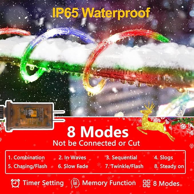 KNONEW 164FT 1000LED Rope Lights for Outside,Outdoor String Lights Waterproof 8 Modes Clear Tube Light for Indoor,Bedroom,Wedding,Garden,Patio,Christmas,Tree,Rv,Holiday Decoration(Multicolor)