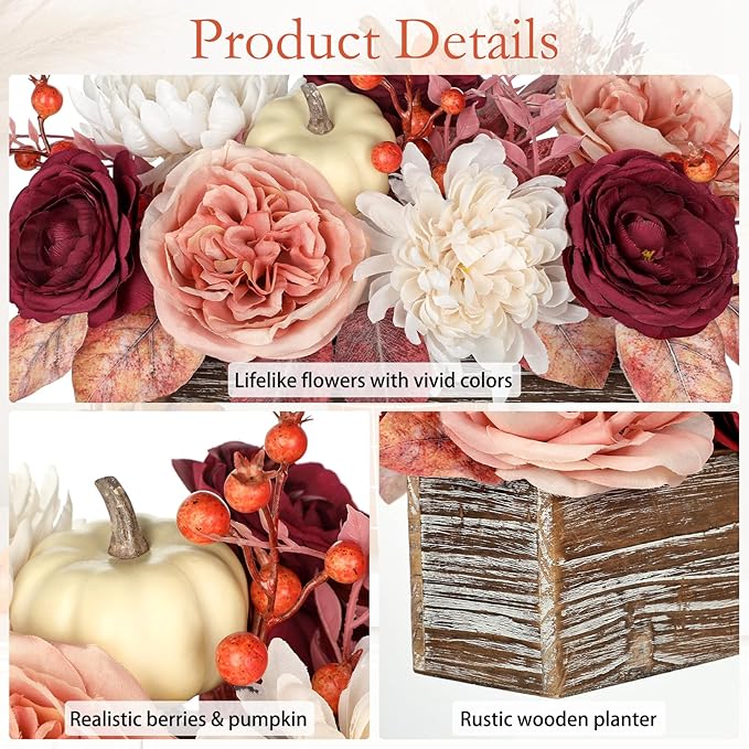 DILATATA Fall Decor Autumn Harvest Pumpkins Centerpiece - Artificial Rose Chrysanthemum Flowers Berries Arrangement in Rectangle Wooden Box for Thanksgiving Party Mantel Fall Decor