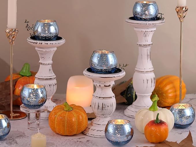 LAMORGIFT 24 Pcs Blue Votive Candle Holders Bulk- Blue Tealight Candle Holders for Wedding Decor, Mercury Glass Votives for Bridal Shower, Baby Shower Table Centerpieces