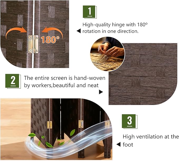 FDW Room Divider Wood Screen 6 Panel Folding Portable Partition Screens Wooden Mesh Woven Design Room Divider for Home Office (Dark Brown)