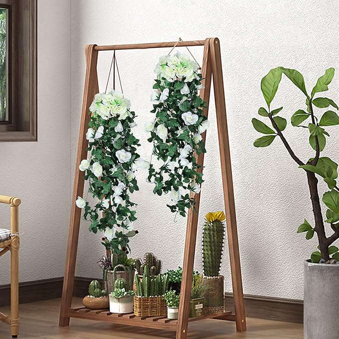 RECUTMS Artificial Plants Hanging 2Pieces 3.3Ft Rose Plant Flowers Vines Wedding Home Office Arch Arrangement Decoration (White)