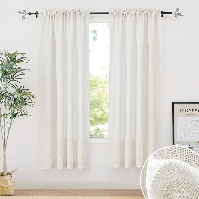 RYB HOME Linen Curtains 72 inches Long- Linen Textured Blend Privacy Sheer Shabby Chic Window Treatment for Living Room Nursery Farmhouse Home Office Farmhouse, Set of 2