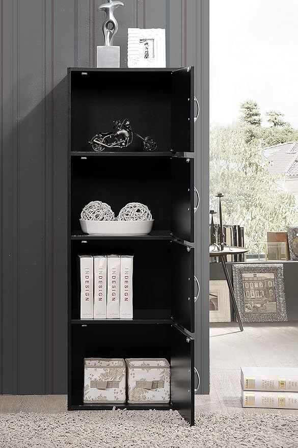 HODEDAH IMPORT 4-Shelf Bookcase Cabinet, Black