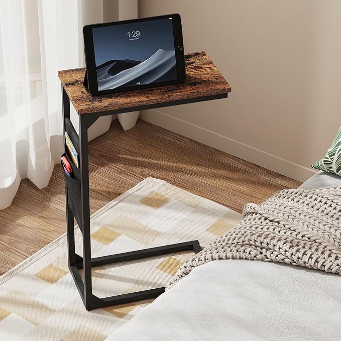 TUTOTAK C Shaped End Table, Side Table for Couch, Sofa Table with Storage Bag, TV Tray for Living Room, Bedroom, Brown TB01BB082