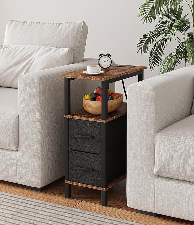 2 Set Narrow Side Table for Small Spaces, Skinny End Table with Charging Station, Sofa Beside Table with 2 Drawers 1 Open Compartment, Slim Nightstand with USB Ports Outlet, Rustic and Brown UTBT004F2