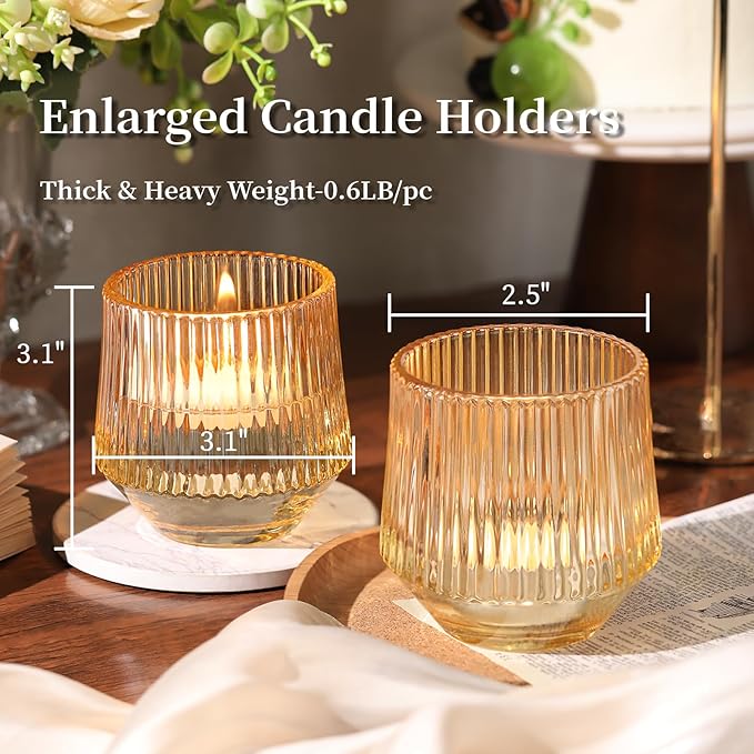 12 Pcs Large Gold Votive Candle Holders- 3.15"×3.15" Ribbed Gold Votives, Gold Tea Lights Candle Holders Votive Holders for Wedding Table Decor, Gold Glass Candle Holders for Table Centerpieces