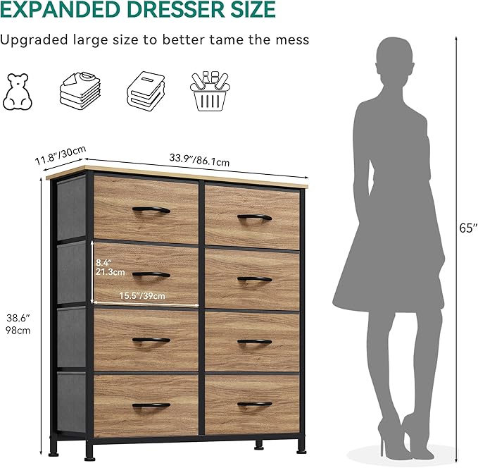 YITAHOME Dresser with 8 Drawers - Fabric Storage Tower, Organizer Unit for Living Room, Hallway, Closets - Sturdy Steel Frame, Wooden Top & Easy Pull Fabric Bins, Burlywood Grain