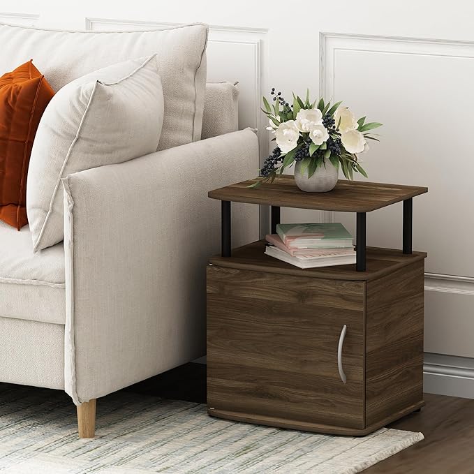 Furinno JAYA End Side Sofa Table/Nightstand with Door, 1-Pack, Columbia Walnut/Black