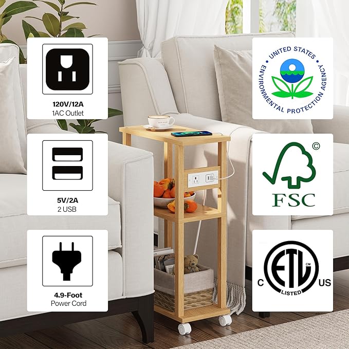 TUTOTAK Small Narrow Side Table with Charging Station, Skinny End Table for Small Spaces, Slim Nightstand with USB Ports and Outlet, Sofa Beside Table with Wheels, Natural TB01BN047