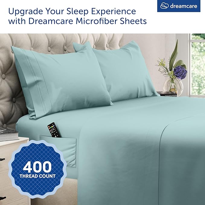 DREAMCARE Queen Sheet Set – 4 pcs Cooling Sheets – up to 21” Extra Deep Pocket Queen Sheets – Hotel Luxury Sheets & Pillowcases – Superior Softness 100% Microfiber with Side Pocket - Spa Blue