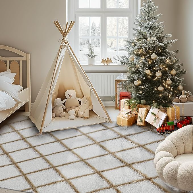 Fluffy Rug for Bedroom, 5X7Feet Stripe Checkered Rug Anti-Skid High Pile for Living Room Bedroom Kids Room Nursery, Dorm Home Decor