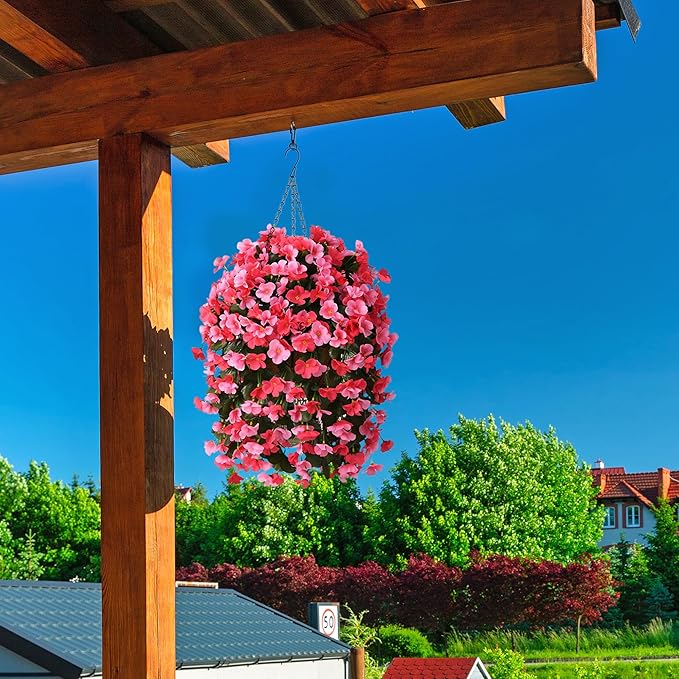 INQCMY Artificial Hanging Flowers Basket for Outdoors Spring Summer Decoration,Faux Silk Begonia in Planter Look Real UV Resistant for Outside Home Porch Patio Garden Balcony Yard Decor（Deep Pink）