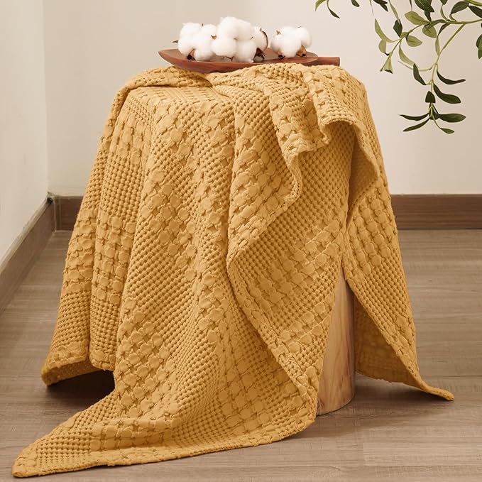 PHF 100% Cotton Waffle Weave Throw Blanket, Soft Lightweight Breathable Cozy Throws for Couch Bed Sofa, Luxury Aesthetic Woven Blanket for Home Decor & Office, 50"x60", Pumpkin Orange