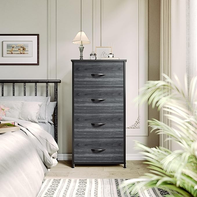 YITAHOME Dresser with 4 Drawers - Fabric Storage Tower, Organizer Unit for Hallway, Closets - Sturdy Steel Frame, Wooden Top & Easy Pull Fabric Bins, Black Wood Grain