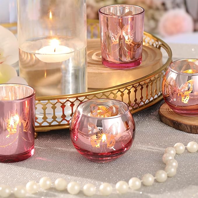 Pink 12 PCS Combination Tea Lights Candle Holder Decorative with Butterfly Pattern, Votive Candle Holders for Wedding, Birthday, Anniversary, Parties, and Holiday Decorations
