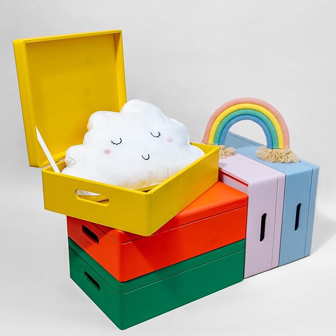 XL Yellow Wooden Box Storage with Hinged Lid | 15.8 x 11.8 x 5.5 inches (+-0.5) | with Handles | Gift Box for Tool Dog Toy Shoes Clothes Kitchen Storage Document | Wood Keepsake Chest