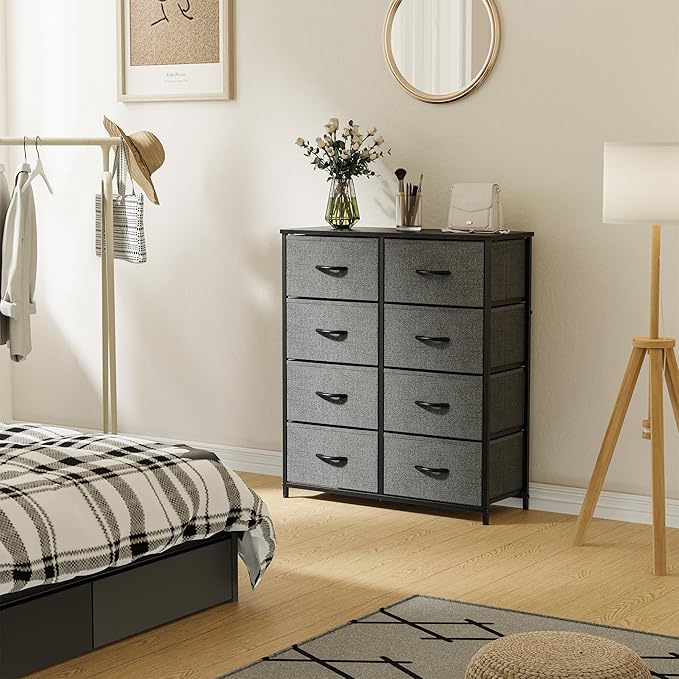 Sweetcrispy Dresser for Bedroom, Fabric Dresser with 8 Drawers, Tall Double Dresser, Chest of Drawers for Closet, Living Room, Sturdy Steel Frame, Wooden Top, Easy Pull Handle, Grey