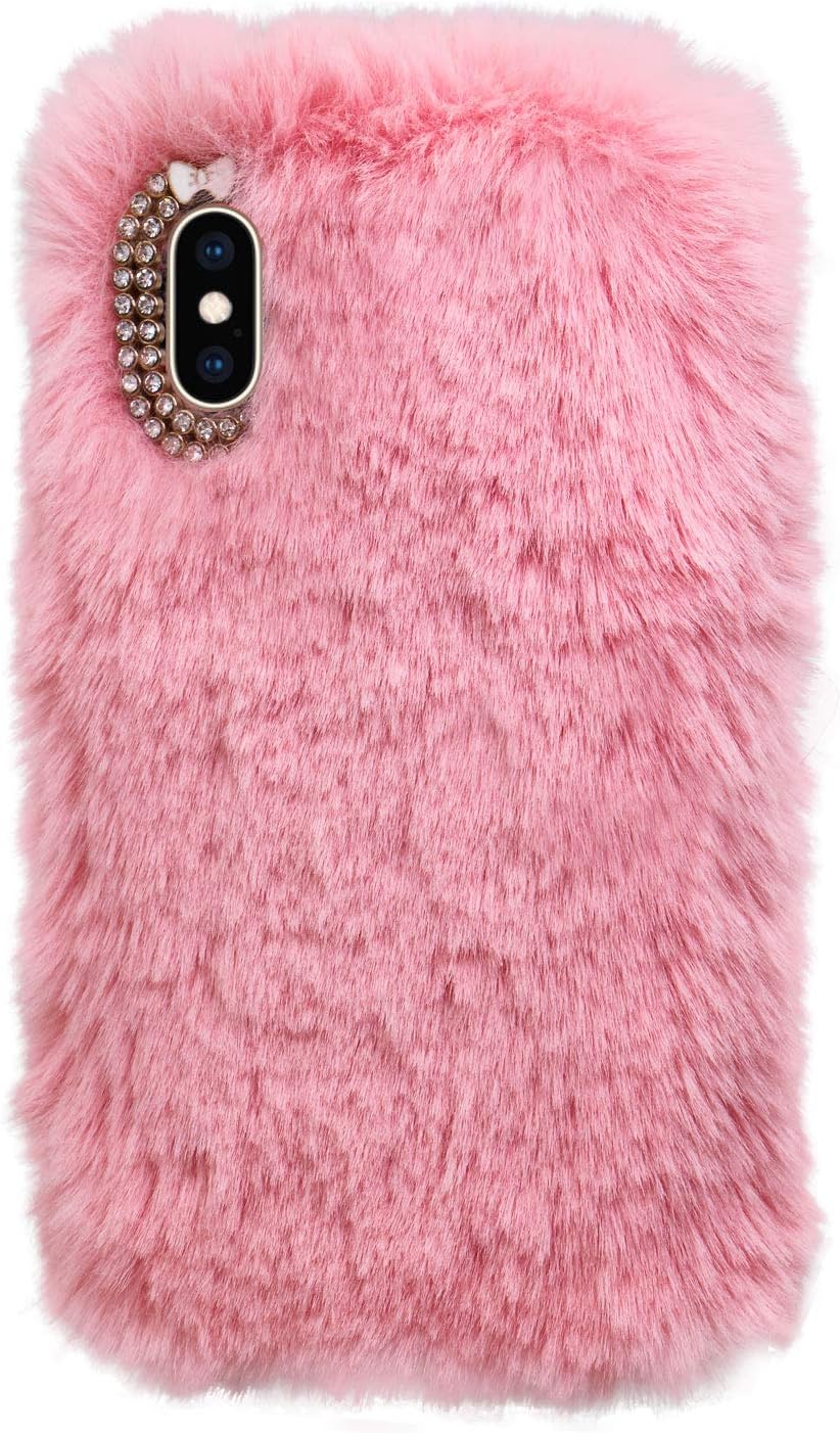 Plush Rabbit Fur Case for iPhone 6/6S, LCHDA Bunny Furry Fluffy Phone Case with Luxury Diamond Bowknot, Pink