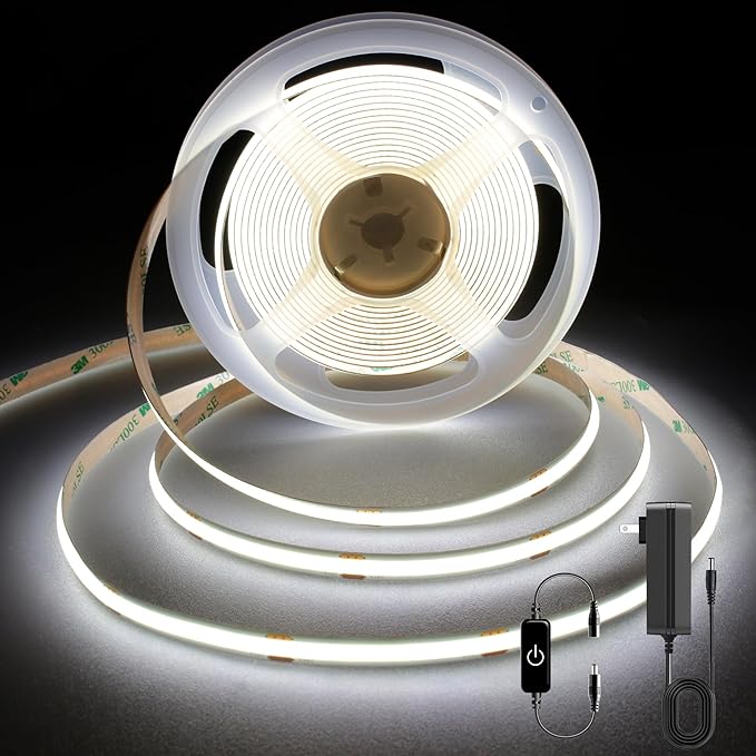 COB LED Strip 5m,16.4ft LED Strip Lights,Touch Dimmable LED Strips,CRI90+,6000K Daylight White LED Tape Lights,1600LEDs,24V cob led,Indoor for Bedroom,Kitchen,TV,Mirror,Cabinet