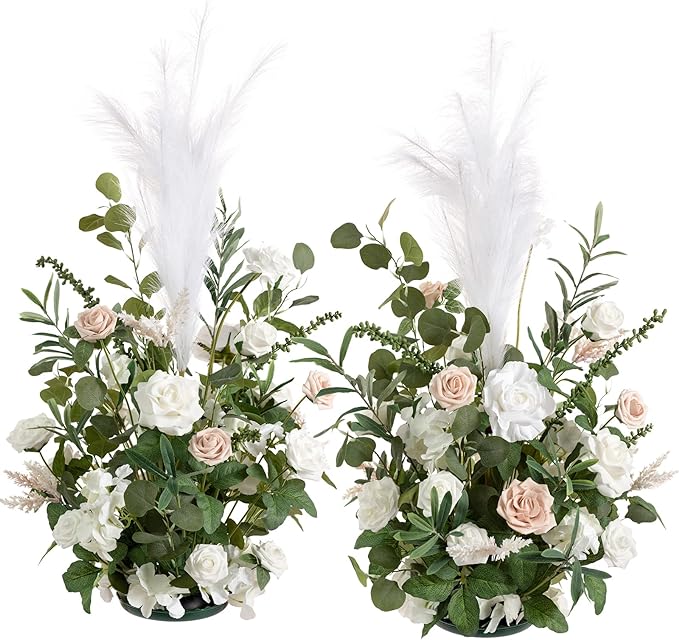 Ling's Moment 41" Tall Free Standing Artificial Flowers Arrangements 2 pcs, Wedding Arch Altar Stage Decorations White Sage for Spring Ceremony Reception Rose Fake Floral Party Outdoor Garden Decor