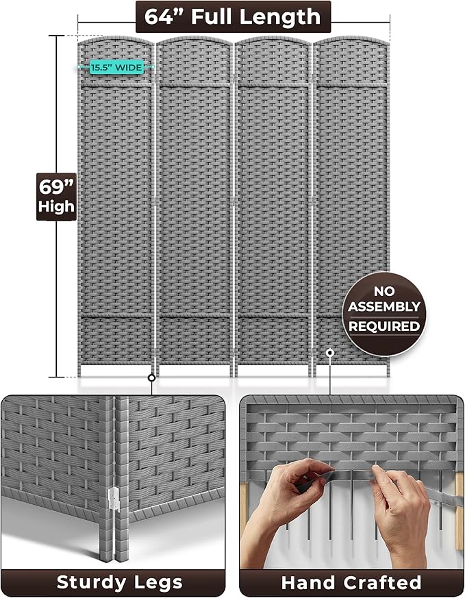 Sorbus 4 Panel Room Divider 6 ft. Tall - Privacy Screen, Extra Wide Double Hinged Panels, Mesh Hand-Woven Design, Partition Room Dividers and Folding Privacy Screens, Wall Divider for Room Separation