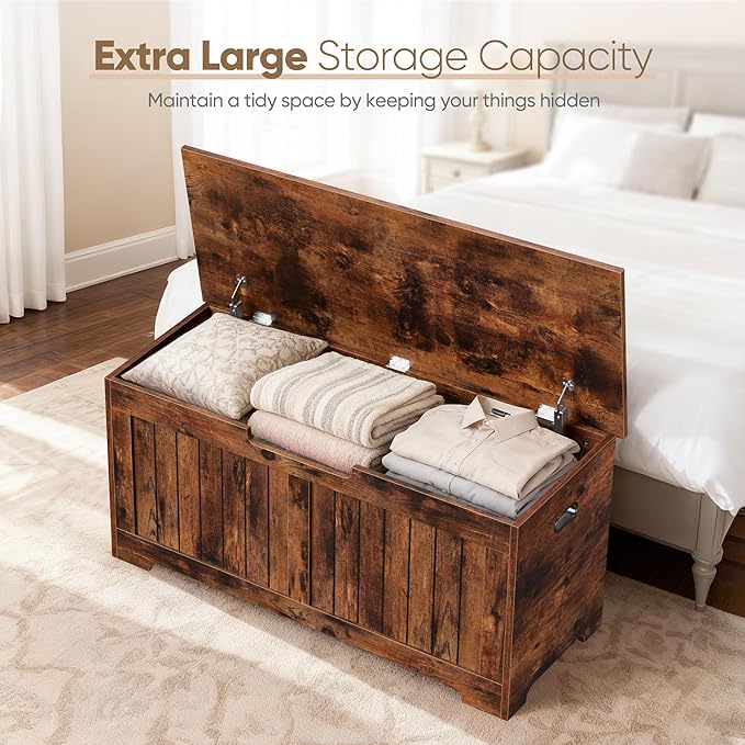 Wooden Storage Chest Box with Flip-top Lid & Safety Hinge, 39.4 Inch Living Room Organizer, Bedroom Bench, Rustic Brown