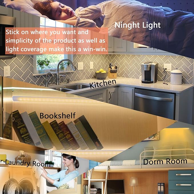 JUSJUBR Under Cabinet LED Sink Light - 12 Inch, Warm White 3000K Dimmable USB Light Bar with Memory Function, Slim Design for Room (No Plug)