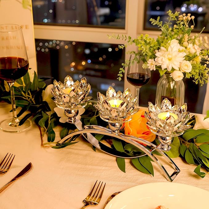 Crystal Candle Holders Lotus Candelabras Silver Arch Candlestick, Centerpiece Table, Home Hecor for Wedding, Dinning Room, Coffee Table, Kitchen, Living Room, Entryway (3 Arms, Tealight Candle)