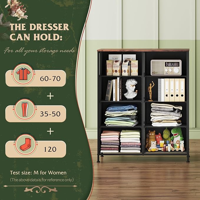WLIVE Tall Fabric Dresser with 8 Drawers, Storage Tower with Fabric Bins, Double Dresser, Chest of Drawers for Closet, Bedroom, Living Room, Hallway, Dorm, Floral Painted