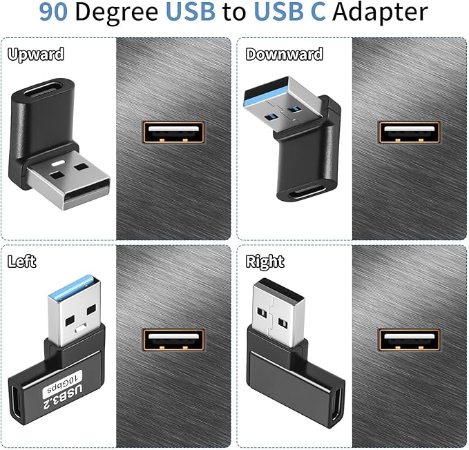 90 Degree USB to USB C Adapter (4 Pack), Up and Down Angle, Left and Right Angle A Male to Type C Female Extender Connector Vertical and Horizontal Port Changer for PC, Laptop, Power Bank