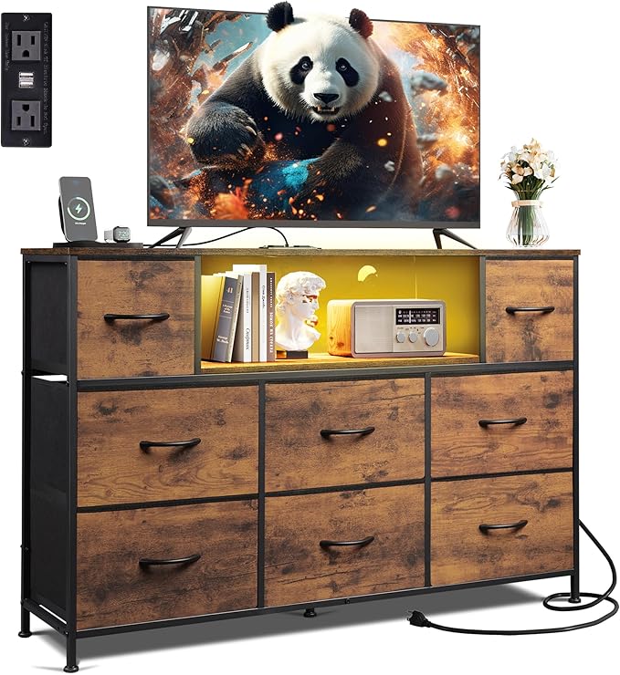 WLIVE TV Stand for 45, 50, 55 inch TV, Entertainment Center with LED Lights & Charging Station, TV Media Console Table with 8 Fabric Drawers and Open Shelves for Living Room, Hallway, Rustic Brown