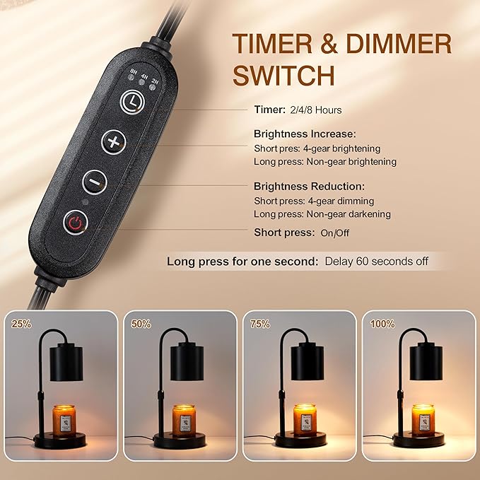CASTLELIFE Candle Warmer Lamp with Timer & Dimmer, Height Adjustable Electric Wax Melt Warmer for Jar Candles, Gifts for Mom Home Decor, Black