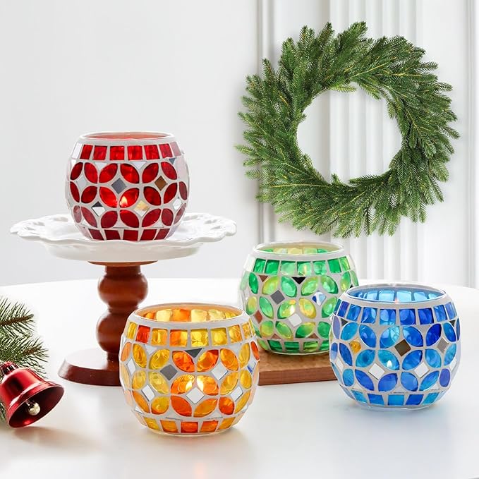 SHMILMH Mosaic Candle Holders Set of 4, Handmade Glass Tealight Votive Holders, Vibrant Red Yellow Blue Green for Diwali Christmas Wedding Party Decor, Year-Round Festive Centerpiece