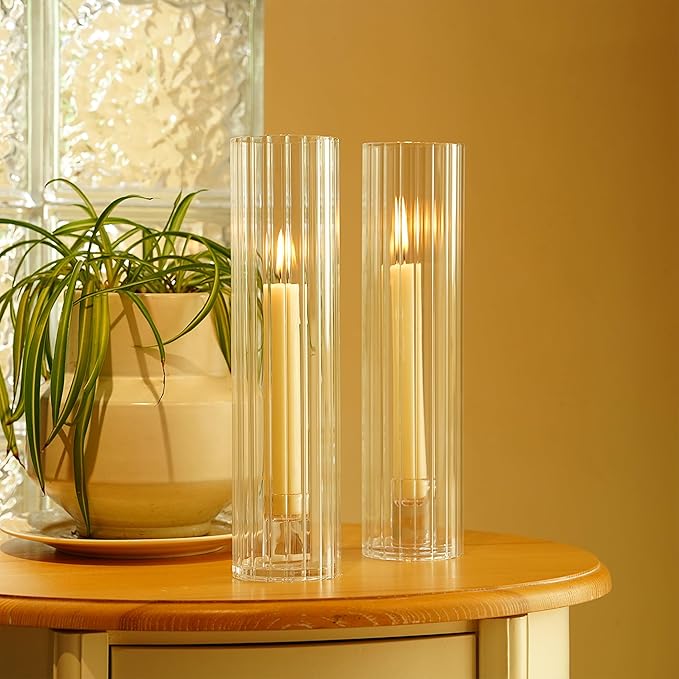 Hurricane Candle Holder Thickened Ribbed Cylinder Covers Taper Candle Sticks Holder Glass Tall Candlesticks Holders Centerpiece for Wedding Dining Table, 4 Pcs
