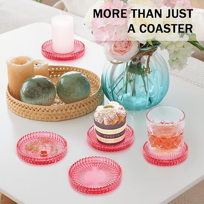 Glass Candle Holders, GOH DODD Set of 8 Crystal Pillar Plates Modern Coasters for Drinks, Centerpiece, Home Decor, Kitchen, Living Room, Patio, Wedding, Halloween, Christmas, Party, Clear Red