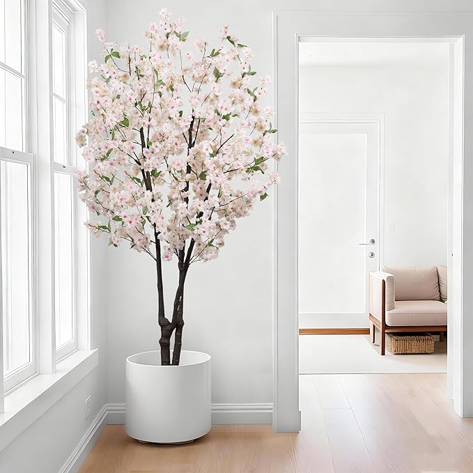 Artificial White Cherry Blossom Tree 5.7ft(68in) Faux Lifelike Plant for Indoor Decor Natural Potted Tree Realistic Pink Cherry Flowers Wood Trunk for Home Living Room,Office Perfect Weeding Gift