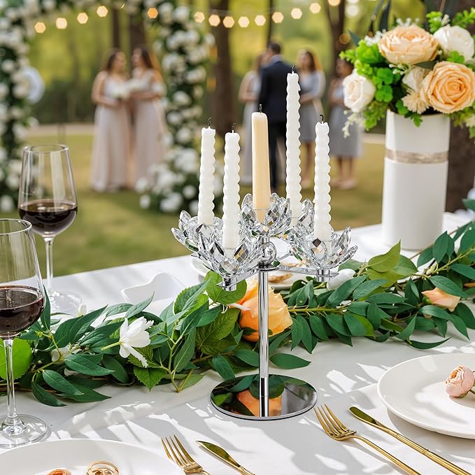 Crystal Candle Holders Lotus Candelabras Silver Arch Candlestick, Centerpiece Table, Home Hecor for Wedding, Dinning Room, Coffee Table, Kitchen, Living Room, Entryway (5 Arms, Taper Candle)