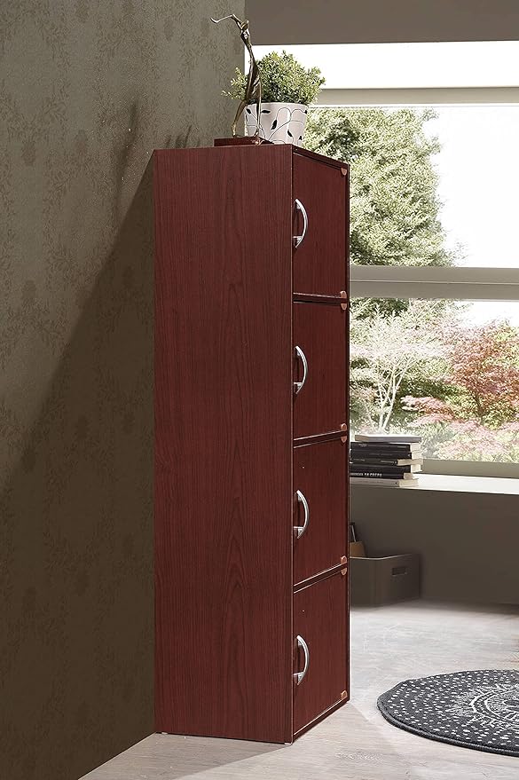 HODEDAH IMPORT 4-Shelf Bookcase Cabinet, Mahogany
