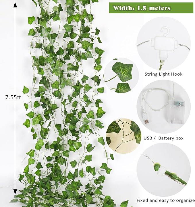 RECUTMS Vines with Lights Strings 59 Inches Wall Leaves Artificial Ivy Greenery Garland Fake Green Decorations Hanging Silk Leaf Plant All Year Round for Garden Office Wedding Table